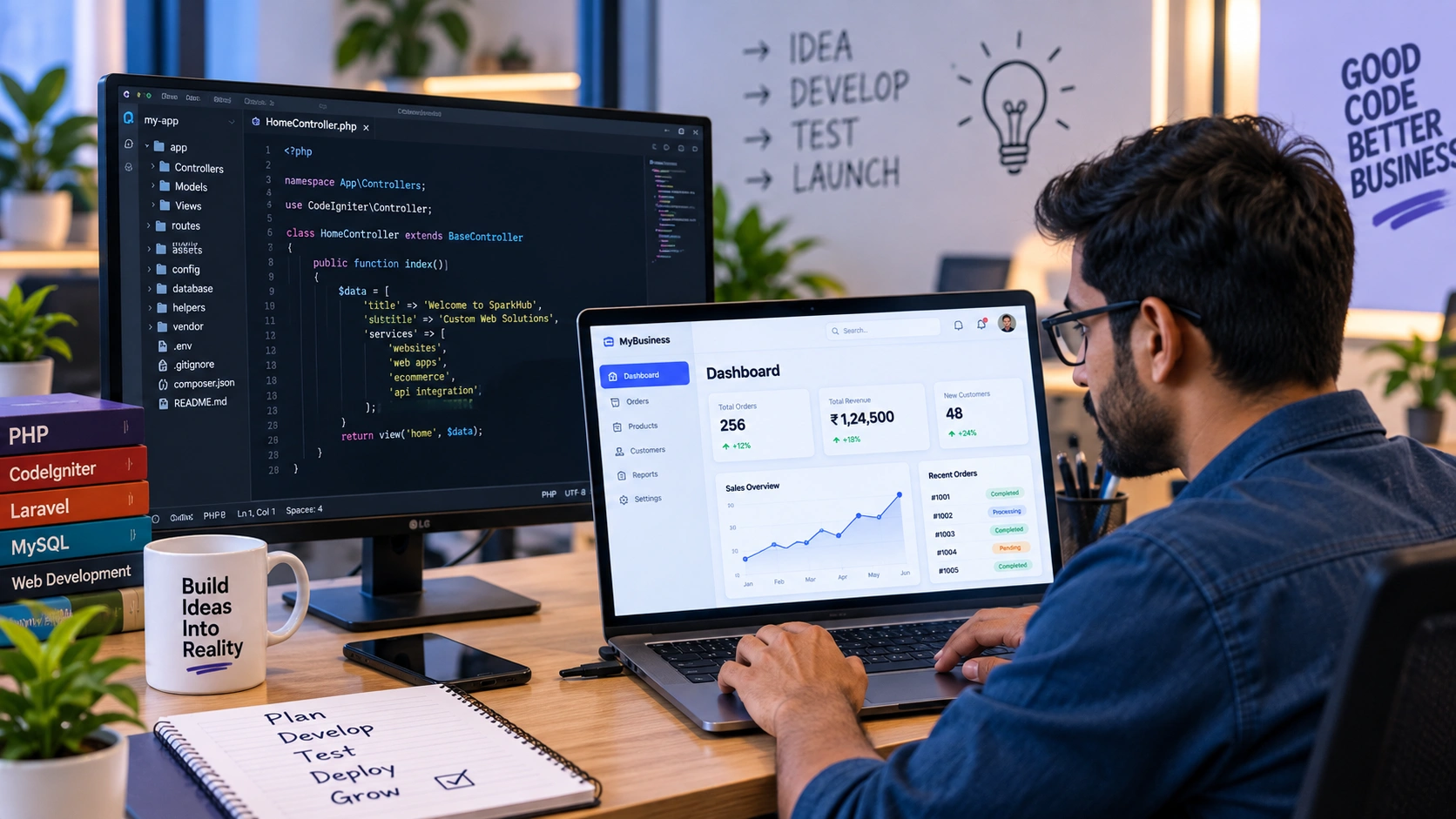 PHP developer building a custom business web application using a laptop and external monitor.