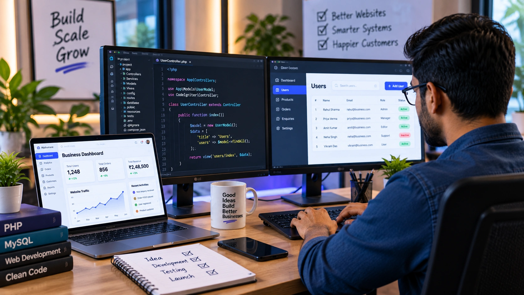 PHP developer reviewing backend application code and business requirements on multiple screens.