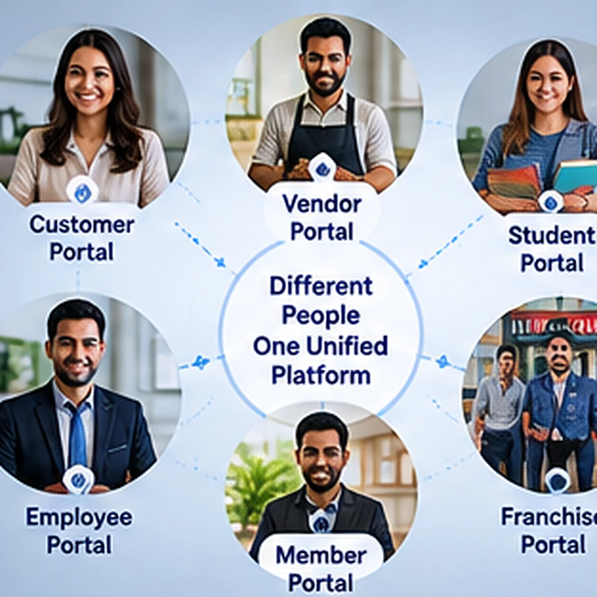 People from customer, education and business roles accessing different secure web portals from laptop and mobile devices.