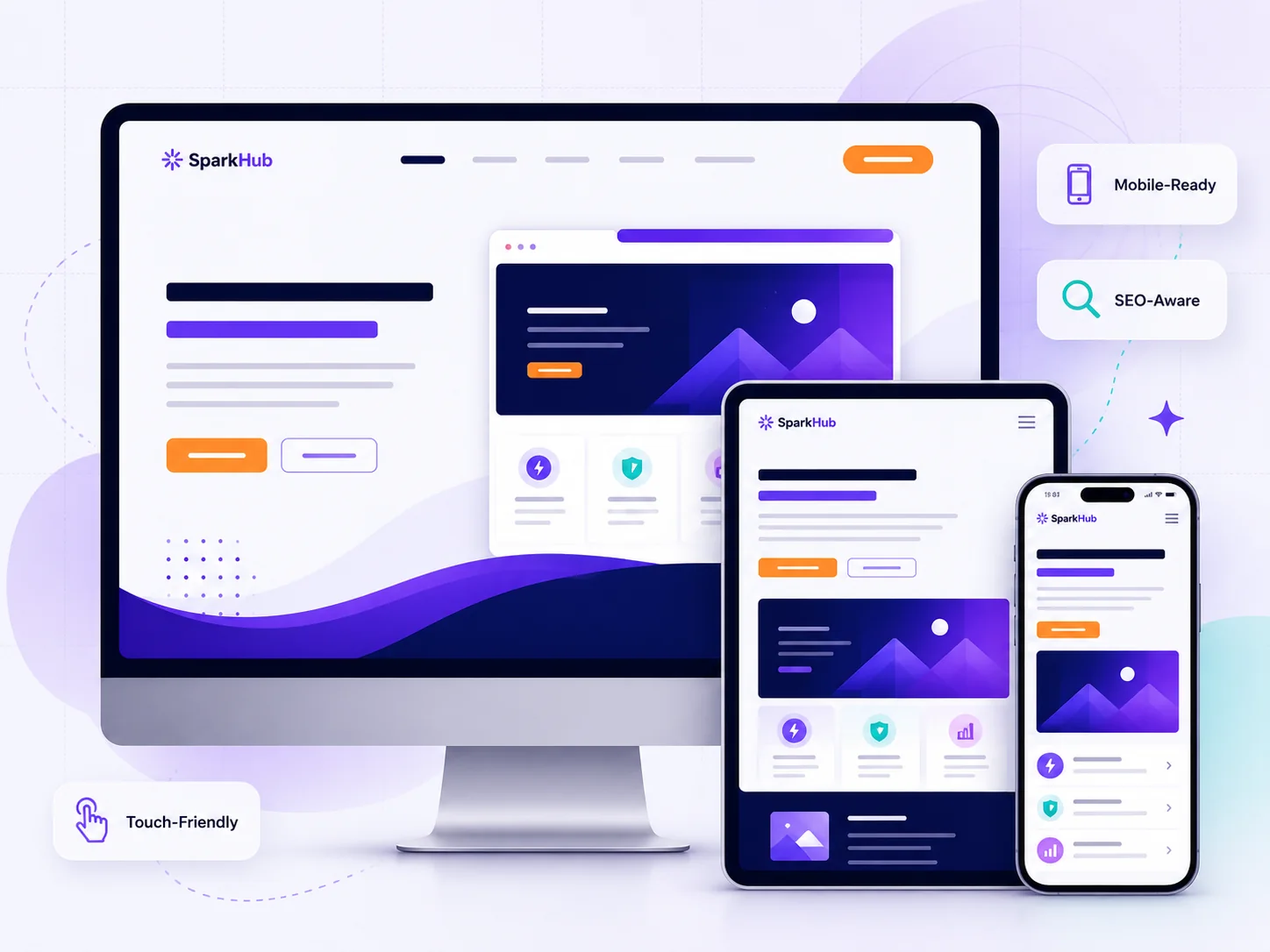 Responsive SparkHub website interface shown across desktop, tablet and mobile screens.