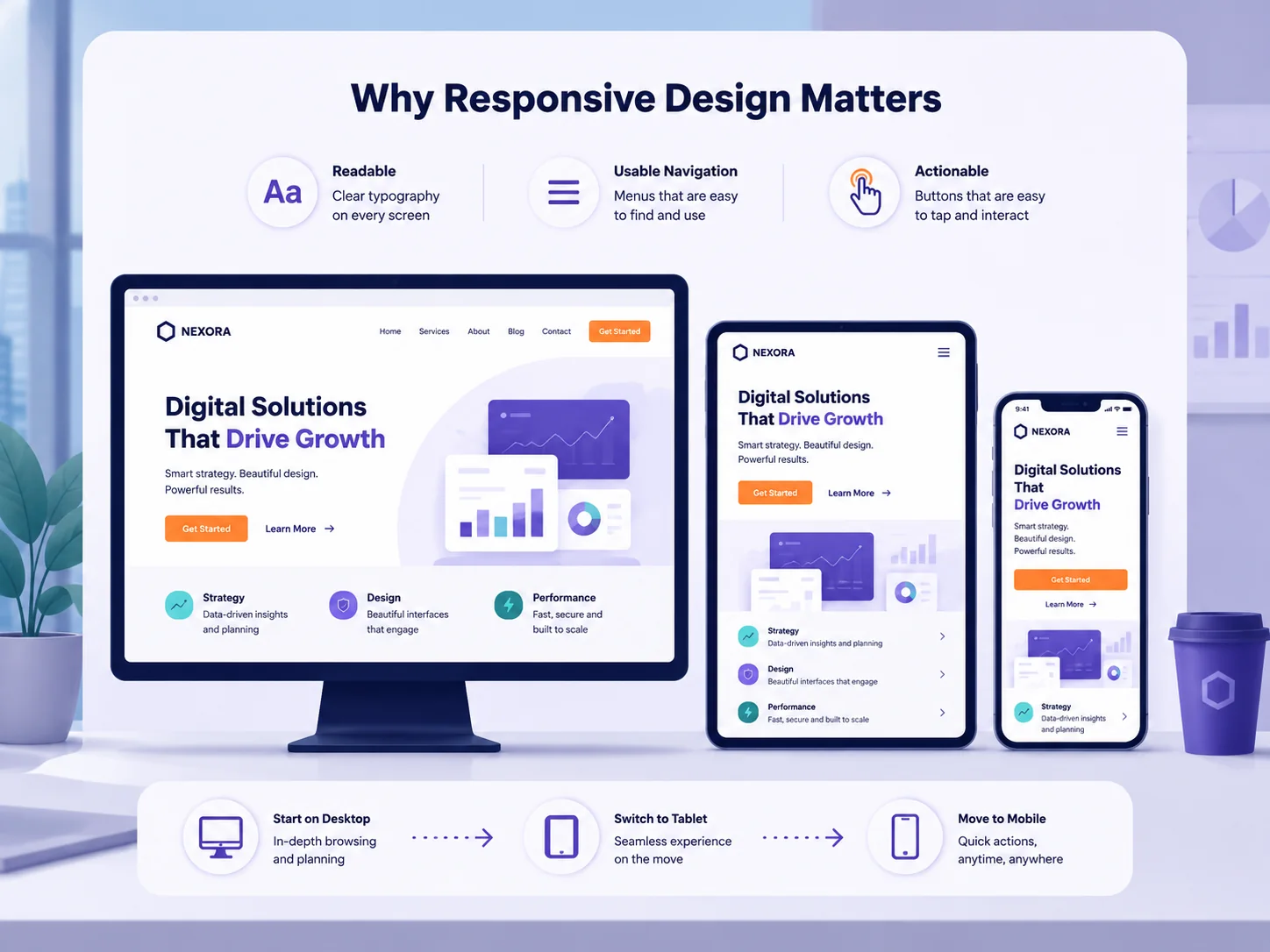 Responsive business website maintaining readable content, navigation and actions across desktop, tablet and mobile screens.