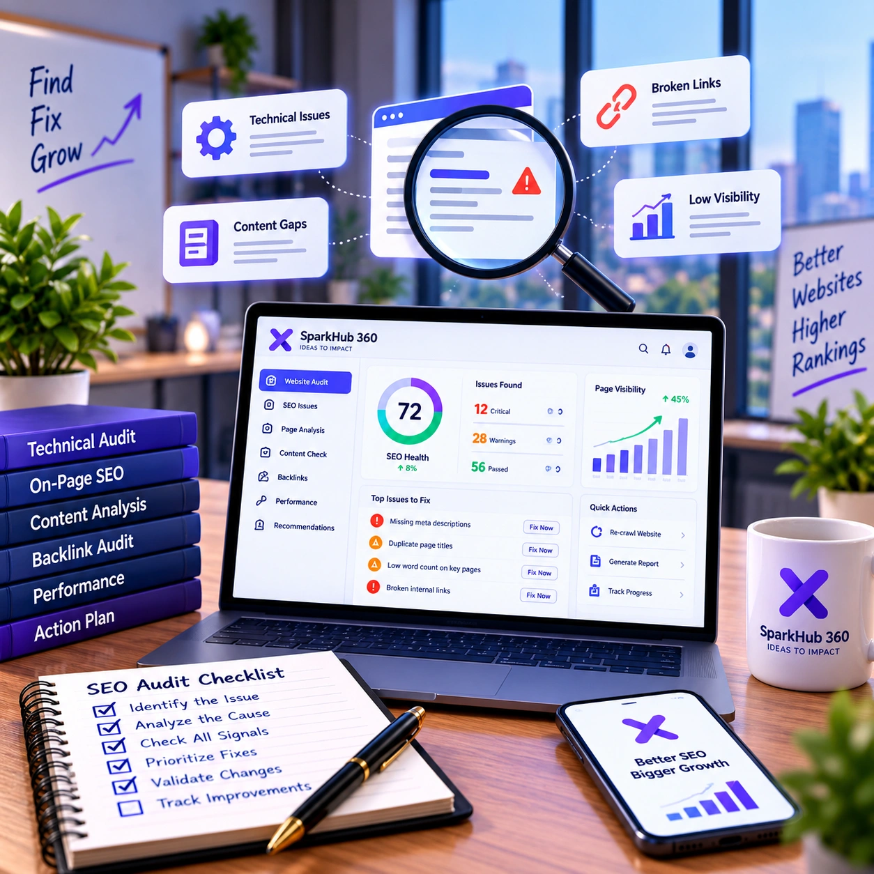 SEO analyst comparing technical errors, content quality, search visibility and priority issues during a website audit.