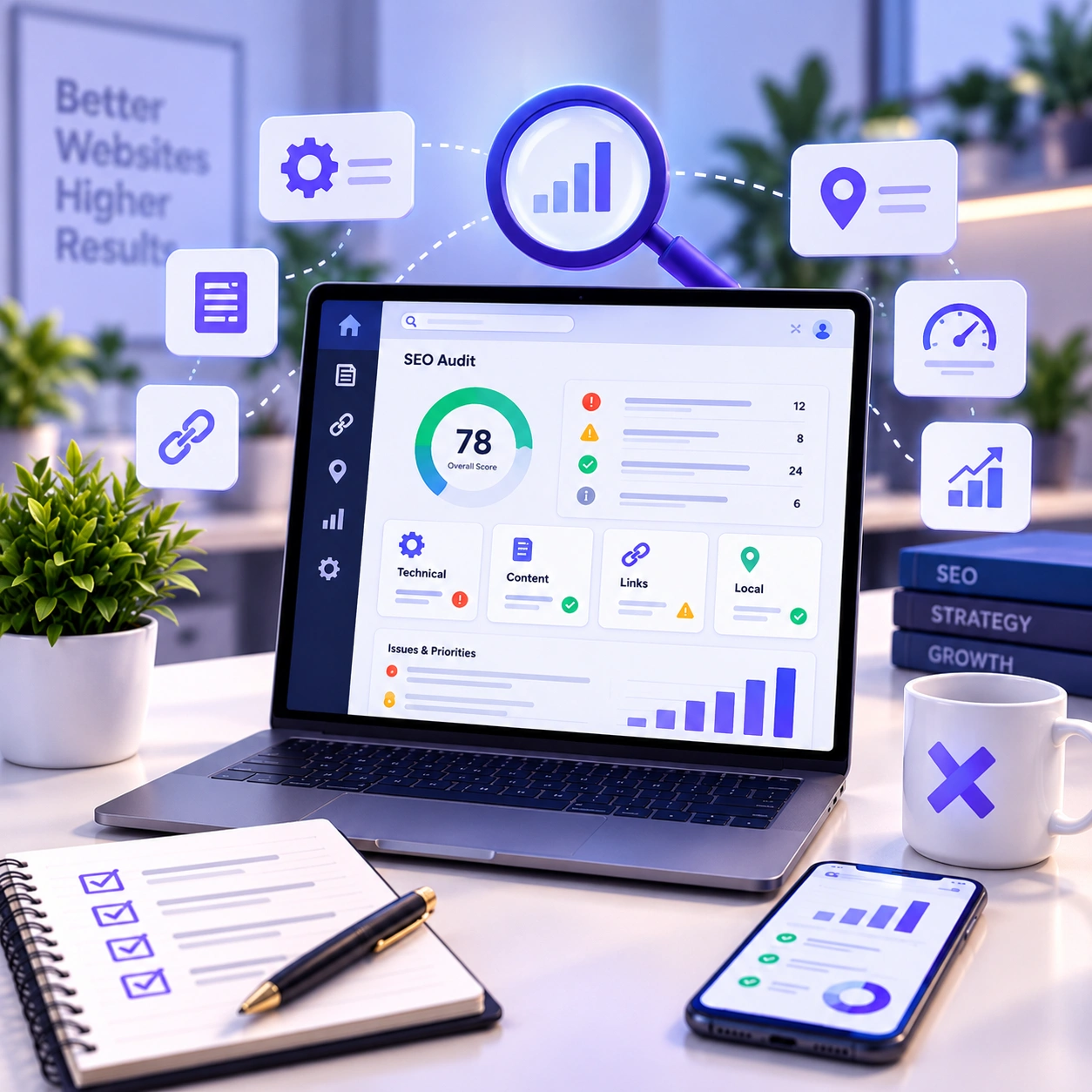 SEO specialist reviewing a complete website audit with technical, content and search performance data.