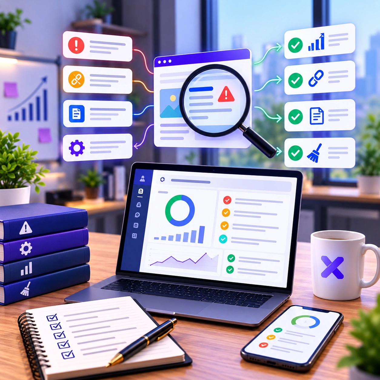 SEO audit report showing critical, high, medium and low priority issues with implementation recommendations.