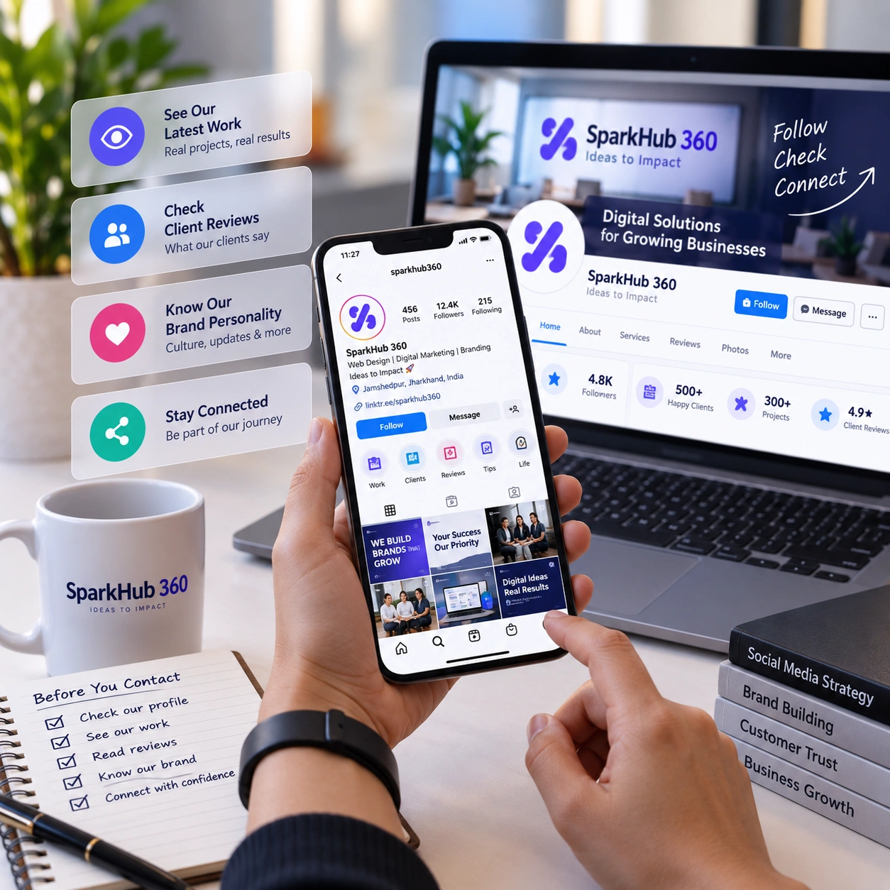 Business owner and social media strategist reviewing a brand profile, content feed and audience engagement.