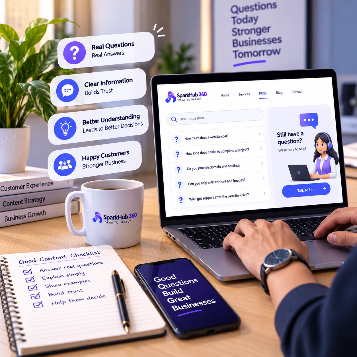 Content strategist preparing social posts, reels, customer FAQs, brand stories and educational content from a monthly content plan.