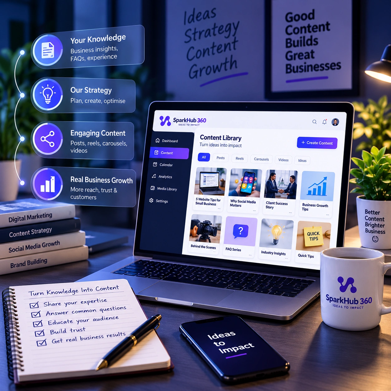 Business owner and social media strategist reviewing a monthly content calendar, branded posts and audience engagement.