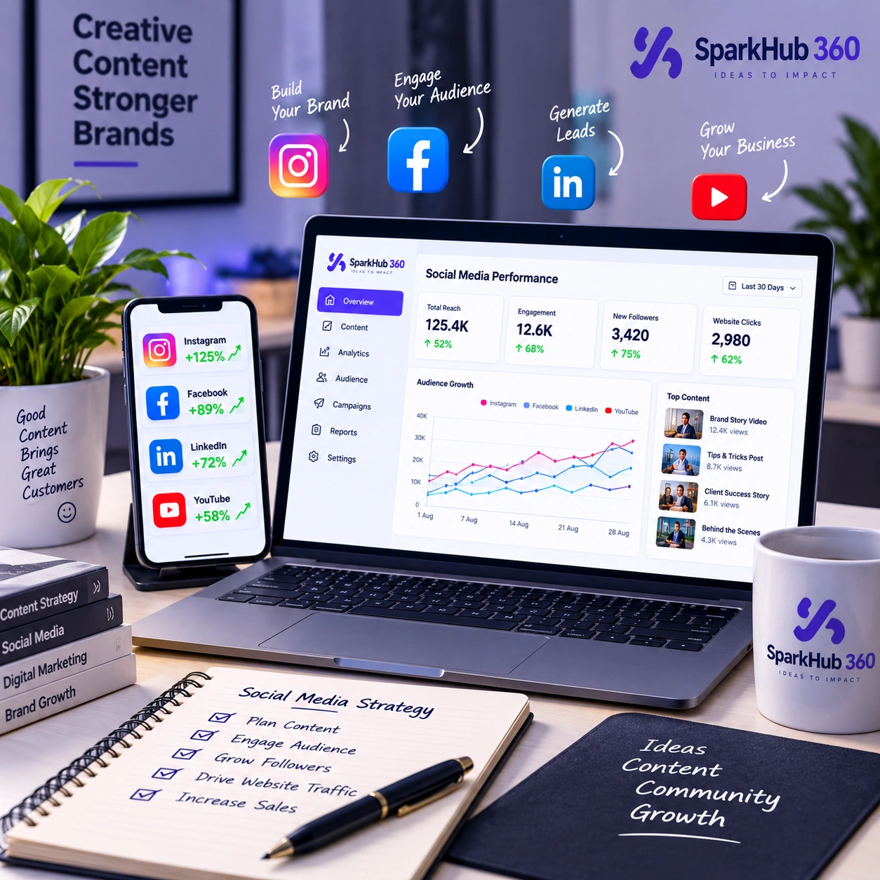 Social media marketing team planning branded posts, reels, content calendar and audience engagement on desktop and mobile screens.