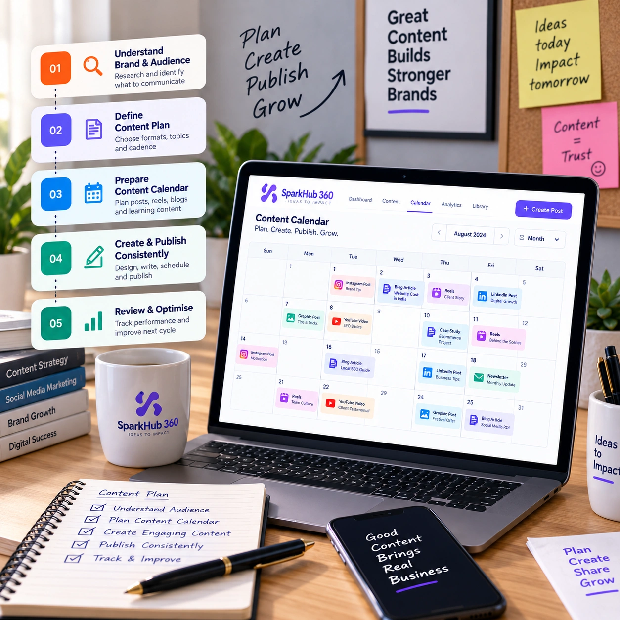 Social media team following a workflow from brand review and content strategy to publishing and monthly performance review.