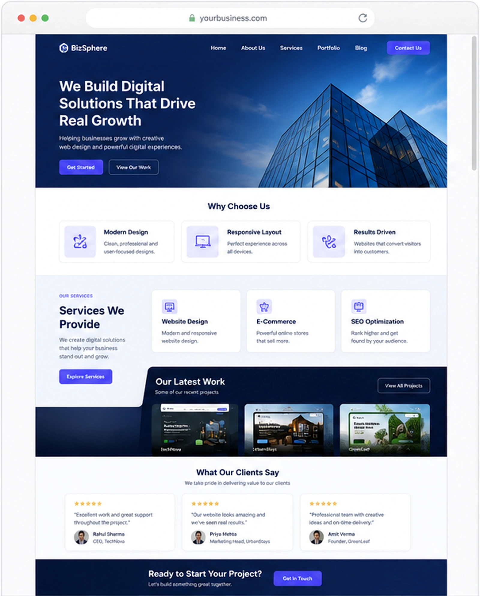 Full-page preview of a professionally designed business website.