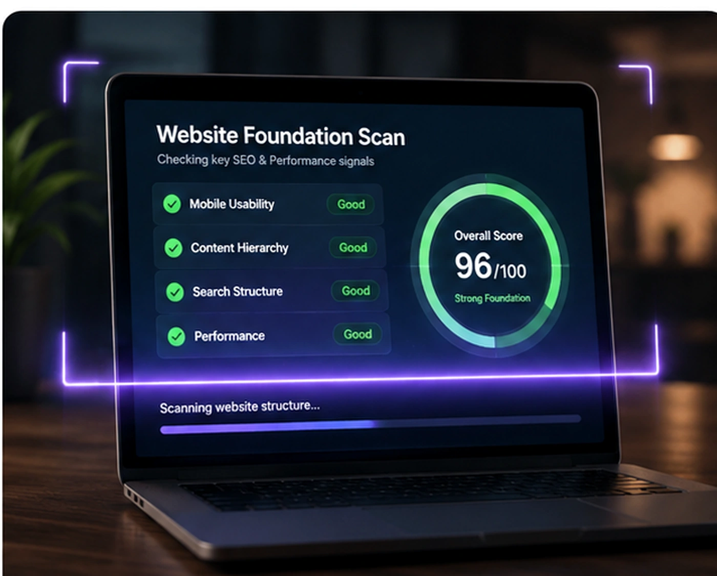 Laptop showing a website foundation scan for mobile usability, content hierarchy, search structure and performance.