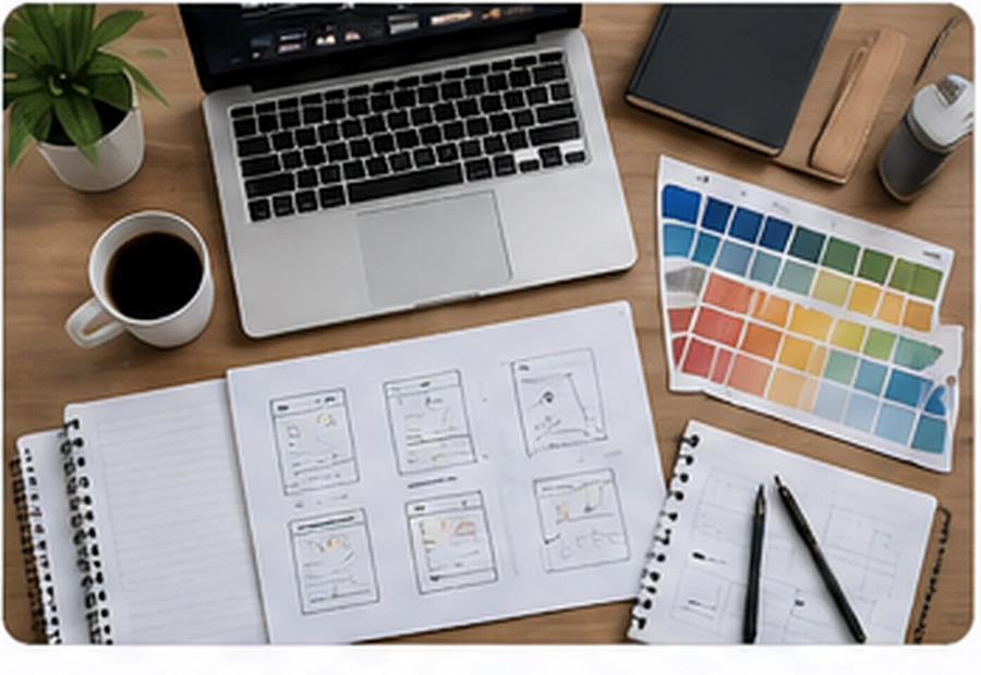 Website design planning workspace with wireframes, laptop and design materials.