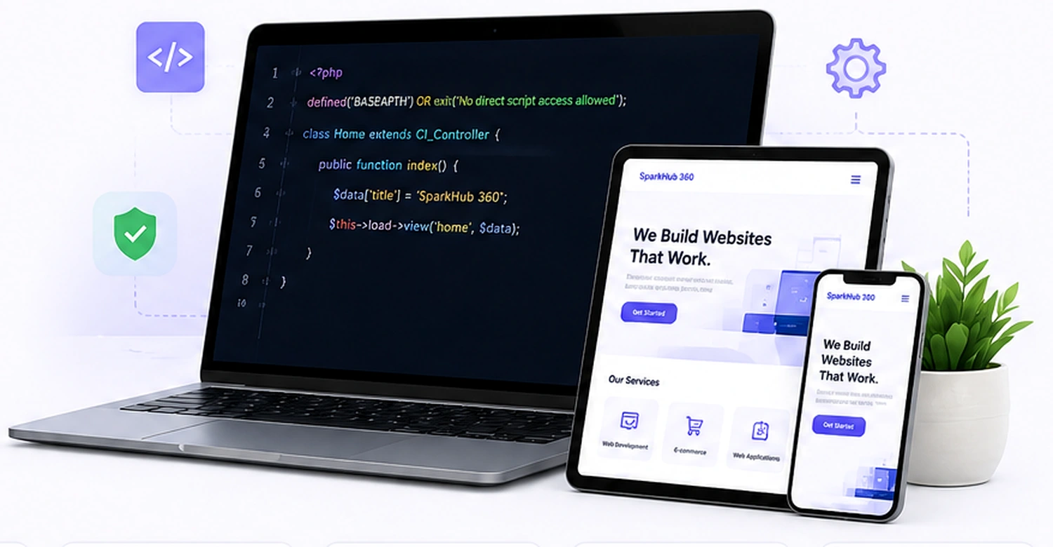 Development laptop with responsive SparkHub website views across desktop, tablet and mobile.