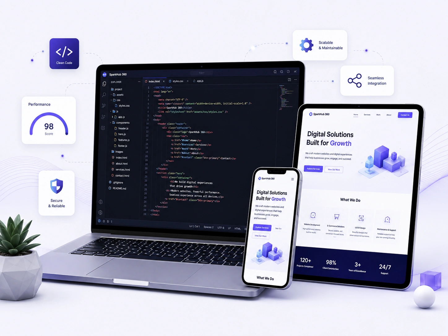 Developer working on a business website with code and application interface visible on screen.