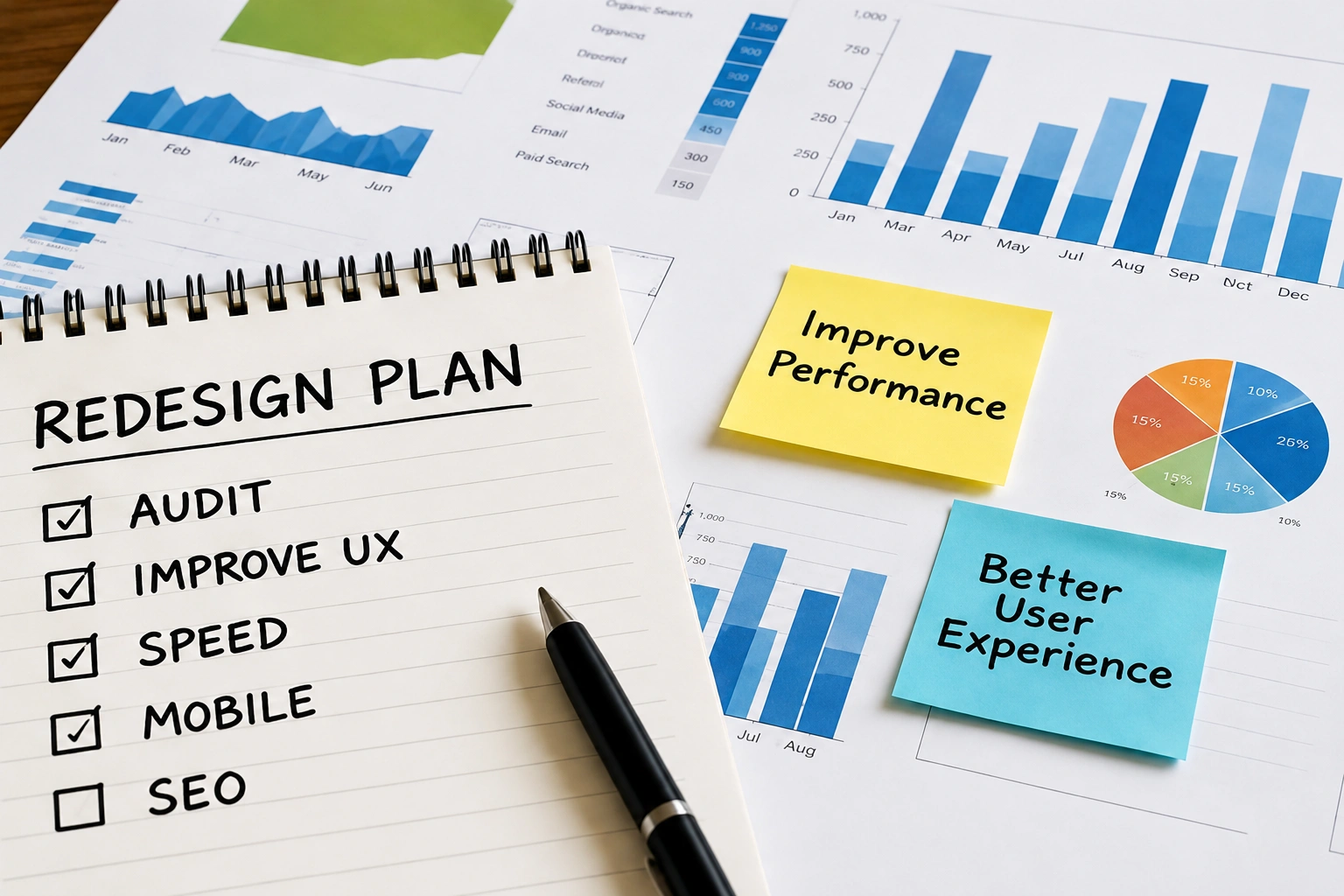 Website analytics and performance review during a business website redesign.