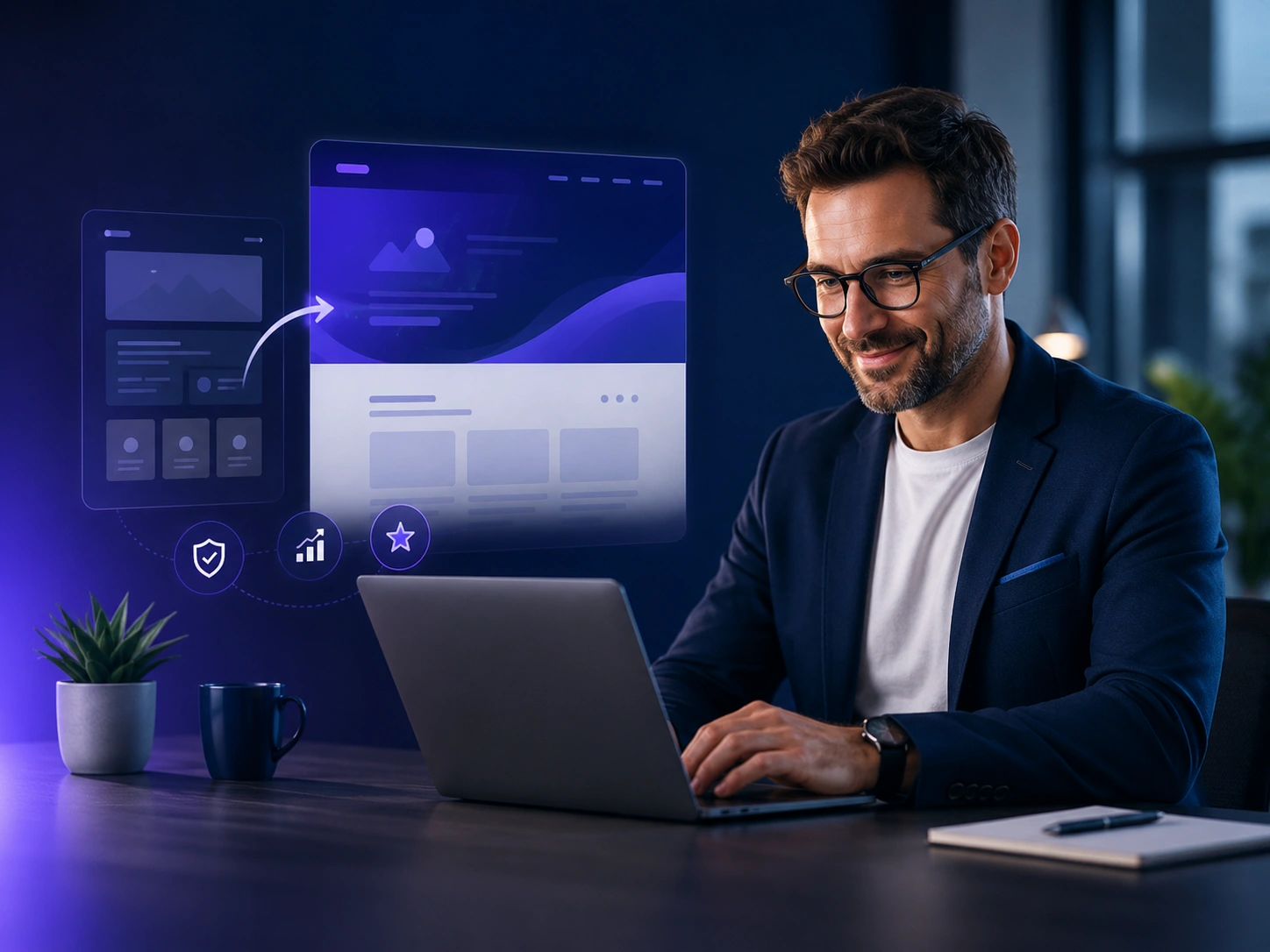 Business professional using a laptop after a website redesign project.