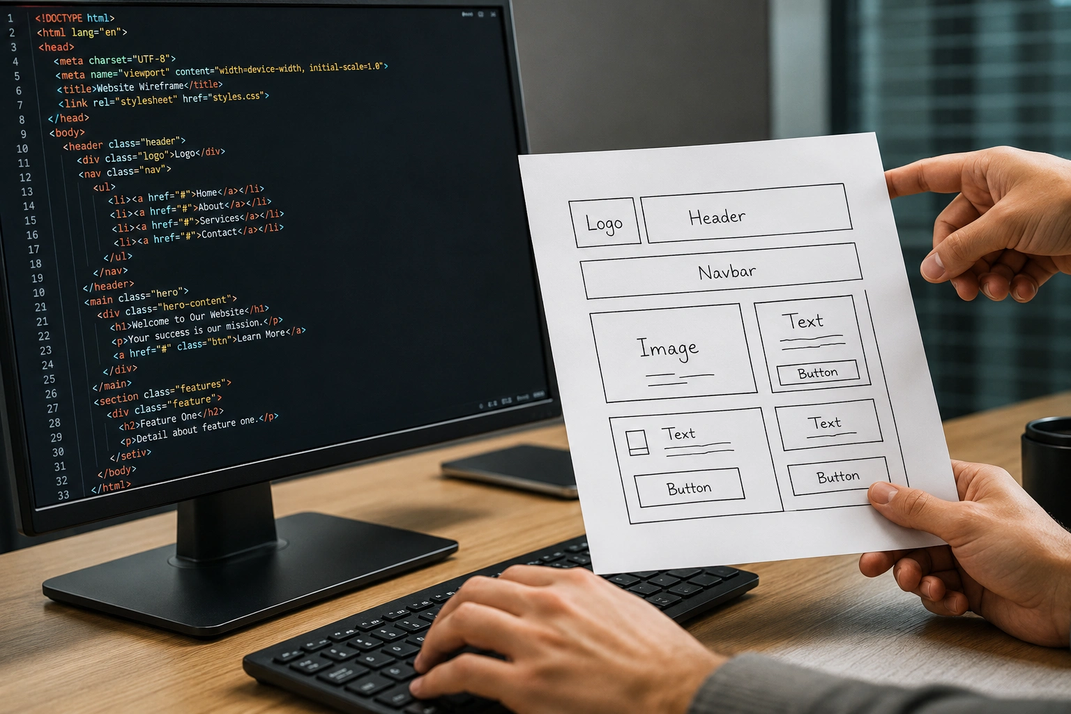 Web developer improving and testing a redesigned website on multiple monitors.